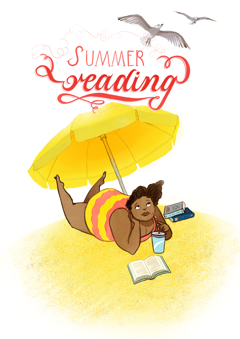 summer reading beach, illustration.